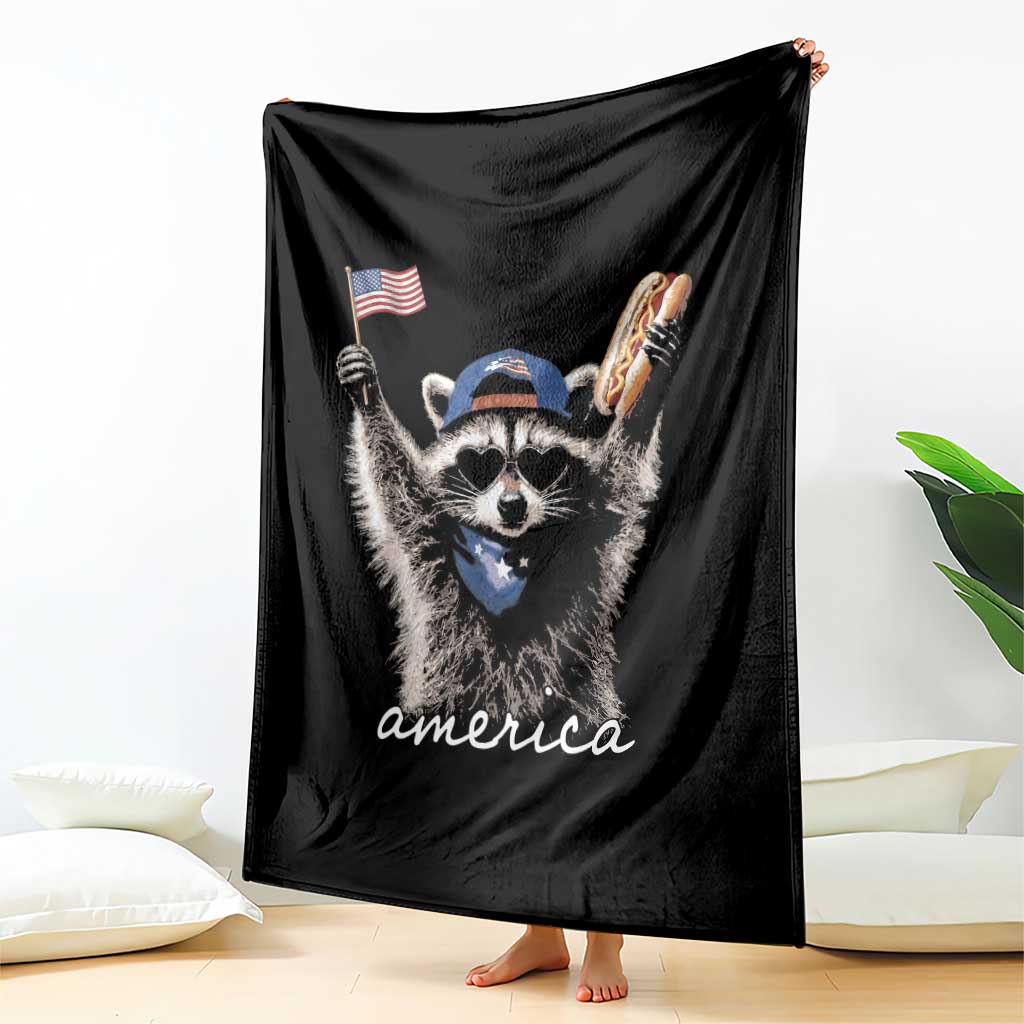 Funny America Raccoon Happy 4th of July Throw Blanket Holding Hotdog and US Flag Patriotic Graphic