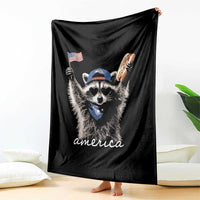 Funny America Raccoon Happy 4th of July Throw Blanket Holding Hotdog and US Flag Patriotic Graphic