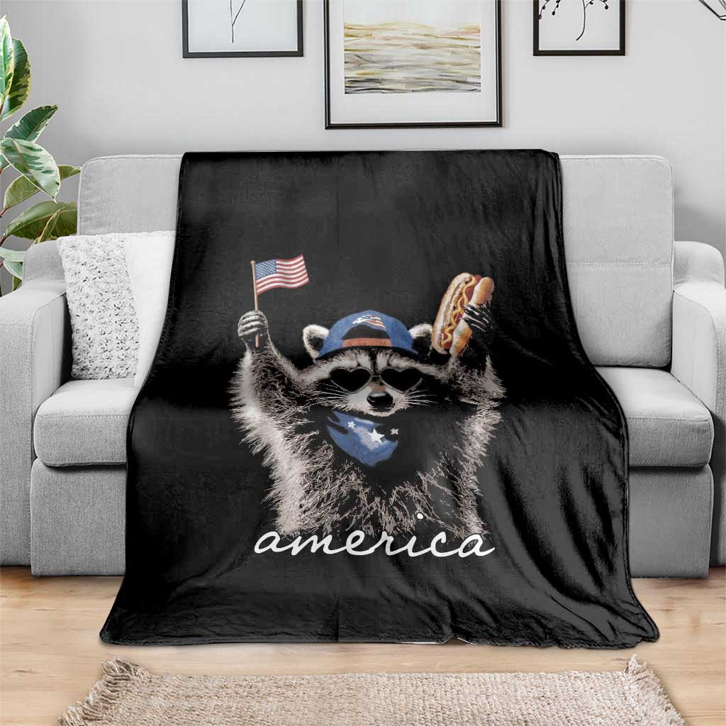 Funny America Raccoon Happy 4th of July Throw Blanket Holding Hotdog and US Flag Patriotic Graphic