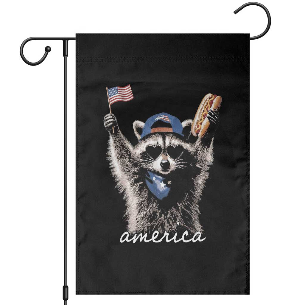 Funny America Raccoon Happy 4th of July Garden Flag Holding Hotdog and US Flag Patriotic Graphic
