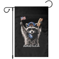 Funny America Raccoon Happy 4th of July Garden Flag Holding Hotdog and US Flag Patriotic Graphic