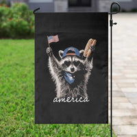 Funny America Raccoon Happy 4th of July Garden Flag Holding Hotdog and US Flag Patriotic Graphic