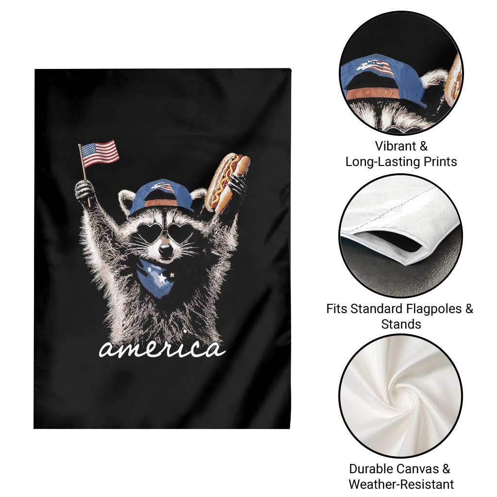 Funny America Raccoon Happy 4th of July Garden Flag Holding Hotdog and US Flag Patriotic Graphic