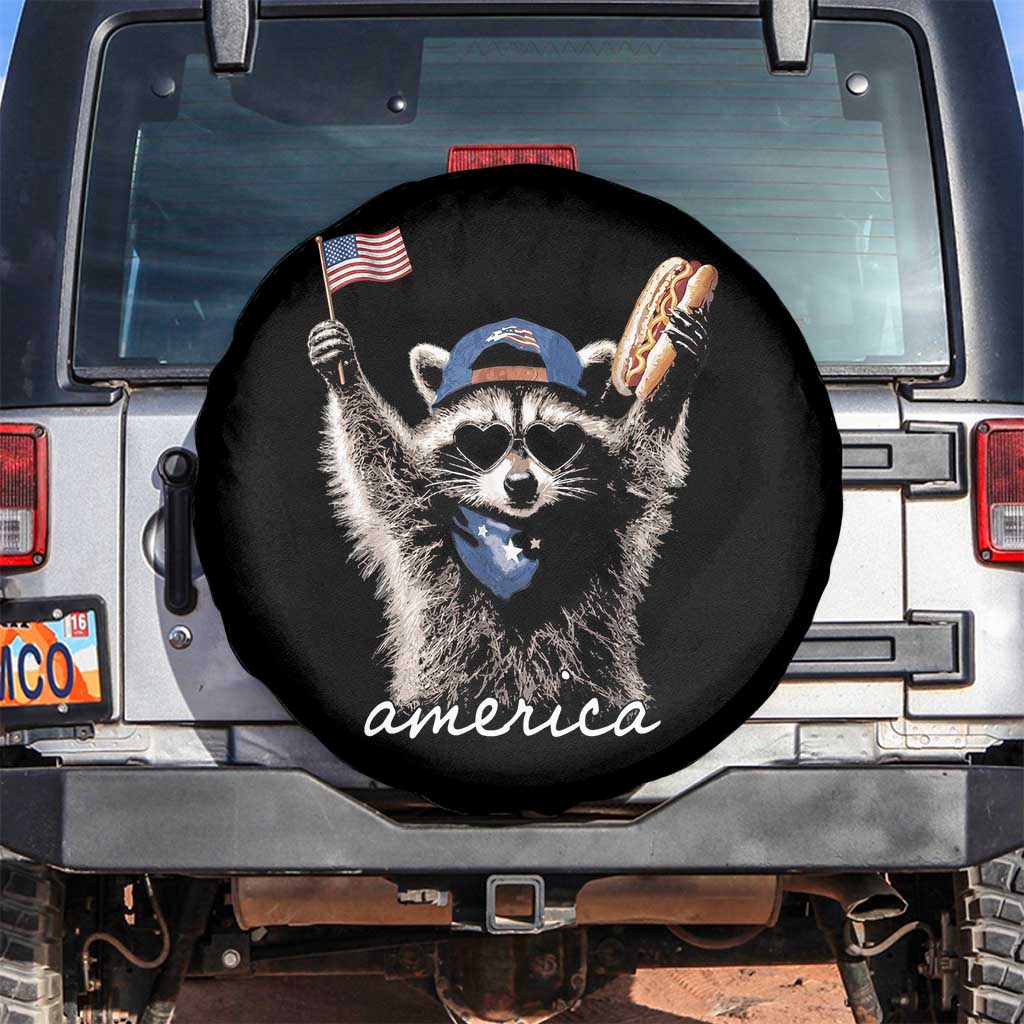 Funny America Raccoon Happy 4th of July Spare Tire Cover Holding Hotdog and US Flag Patriotic Graphic
