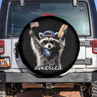 Funny America Raccoon Happy 4th of July Spare Tire Cover Holding Hotdog and US Flag Patriotic Graphic