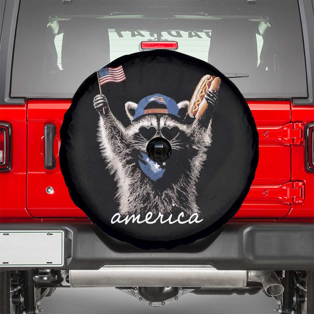 Funny America Raccoon Happy 4th of July Spare Tire Cover Holding Hotdog and US Flag Patriotic Graphic
