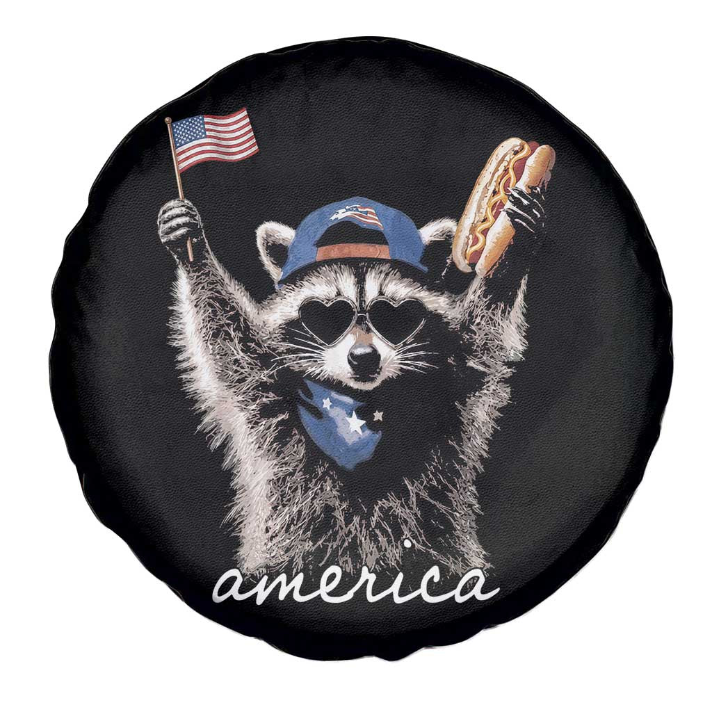 Funny America Raccoon Happy 4th of July Spare Tire Cover Holding Hotdog and US Flag Patriotic Graphic