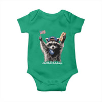 Funny America Raccoon Happy 4th of July Baby Onesie Holding Hotdog and US Flag Patriotic Graphic