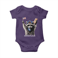 Funny America Raccoon Happy 4th of July Baby Onesie Holding Hotdog and US Flag Patriotic Graphic
