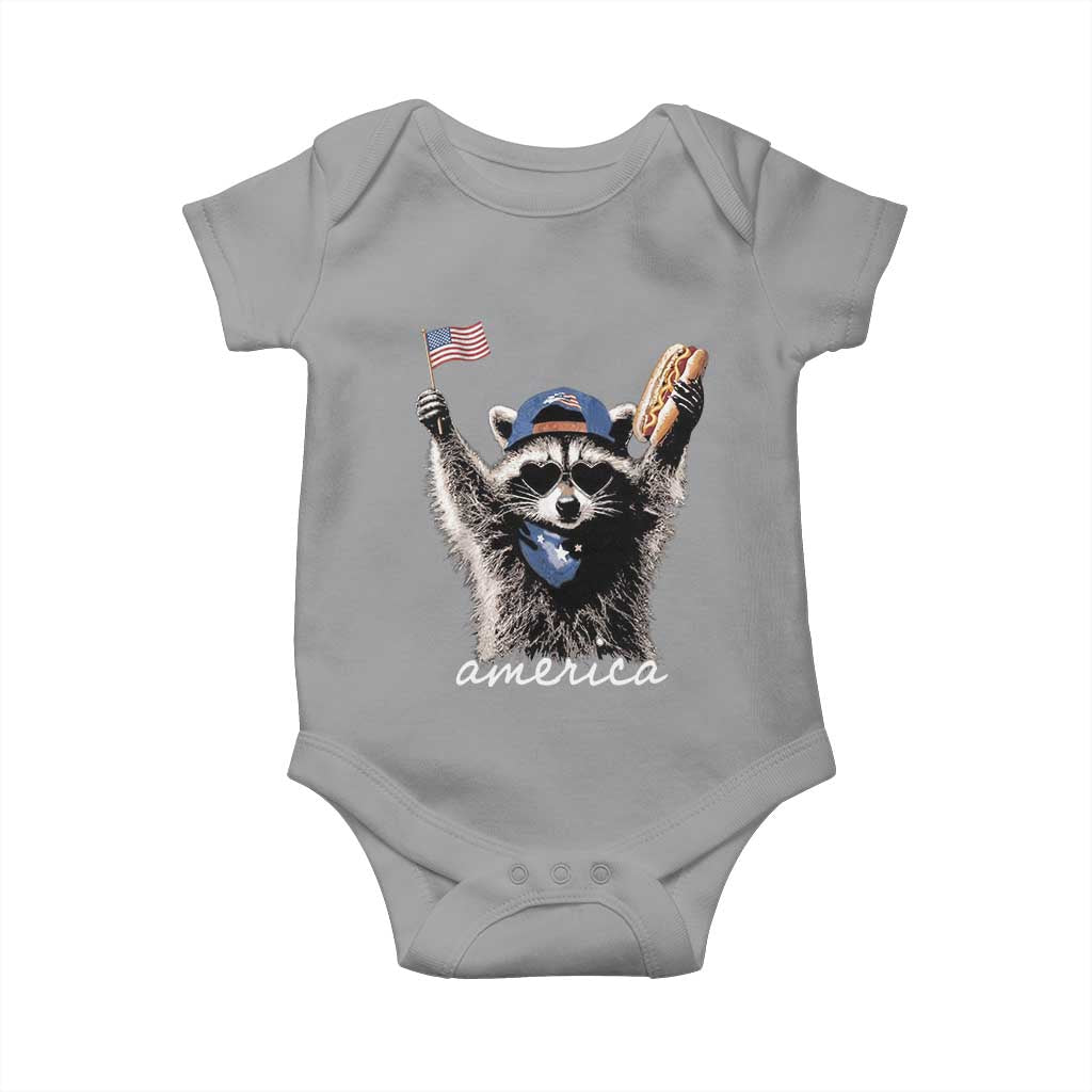 Funny America Raccoon Happy 4th of July Baby Onesie Holding Hotdog and US Flag Patriotic Graphic