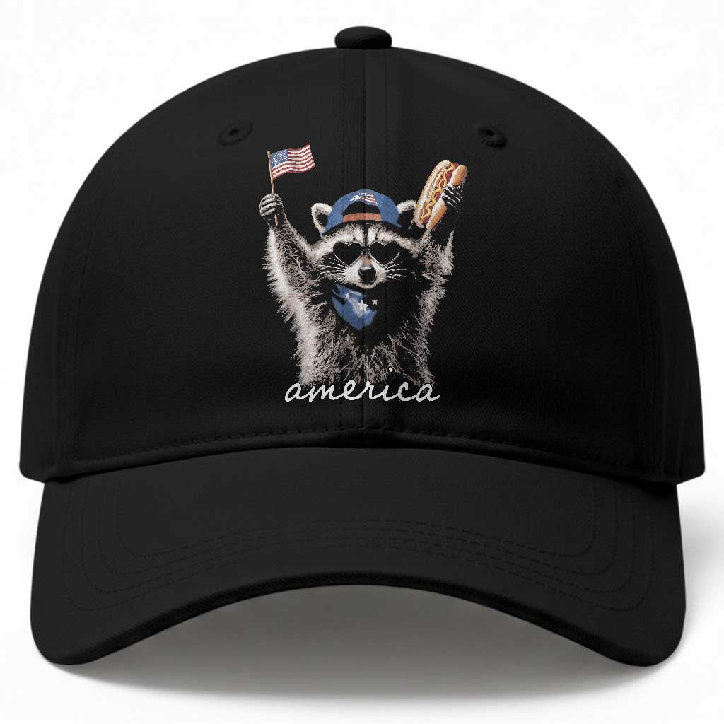 Funny America Raccoon Happy 4th of July Baseball Cap Holding Hotdog and US Flag Patriotic Graphic