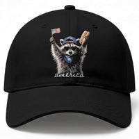 Funny America Raccoon Happy 4th of July Baseball Cap Holding Hotdog and US Flag Patriotic Graphic