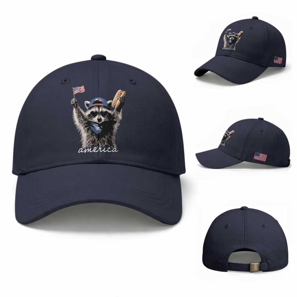 Funny America Raccoon Happy 4th of July Baseball Cap Holding Hotdog and US Flag Patriotic Graphic