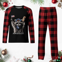 Funny America Raccoon Happy 4th of July Plaid Pajama Set Holding Hotdog and US Flag Patriotic Graphic