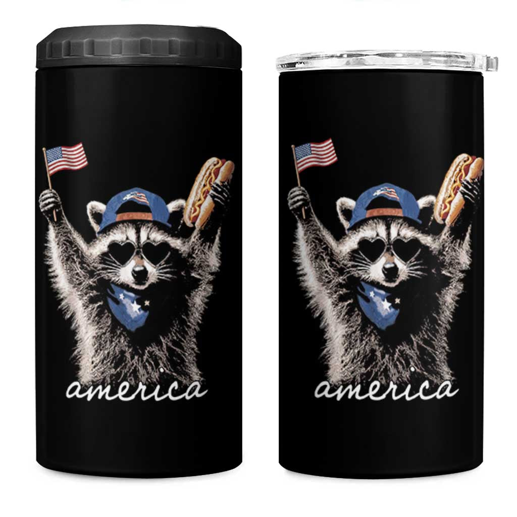 Funny America Raccoon Happy 4th of July 4 in 1 Can Cooler Tumbler Holding Hotdog and US Flag Patriotic Graphic
