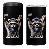 Funny America Raccoon Happy 4th of July 4 in 1 Can Cooler Tumbler Holding Hotdog and US Flag Patriotic Graphic