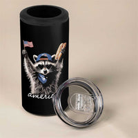 Funny America Raccoon Happy 4th of July 4 in 1 Can Cooler Tumbler Holding Hotdog and US Flag Patriotic Graphic
