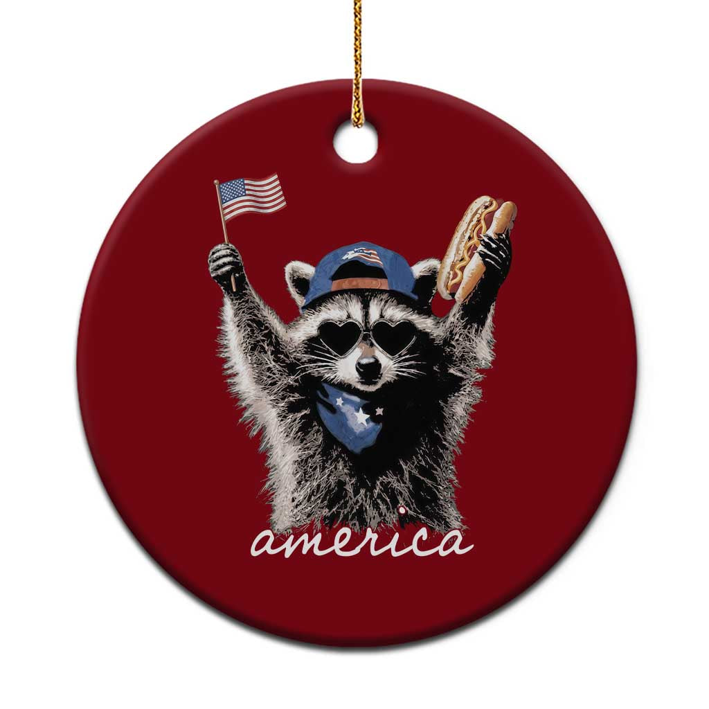 Funny America Raccoon Happy 4th of July Ceramic Ornament Holding Hotdog and US Flag Patriotic Graphic