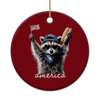 Funny America Raccoon Happy 4th of July Ceramic Ornament Holding Hotdog and US Flag Patriotic Graphic