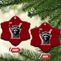 Funny America Raccoon Happy 4th of July Ceramic Ornament Holding Hotdog and US Flag Patriotic Graphic