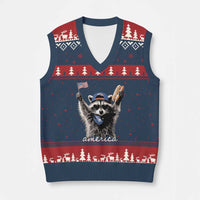 Funny America Raccoon Happy 4th of July V-Neck Knit Sweater Vest Holding Hotdog and US Flag Patriotic Graphic
