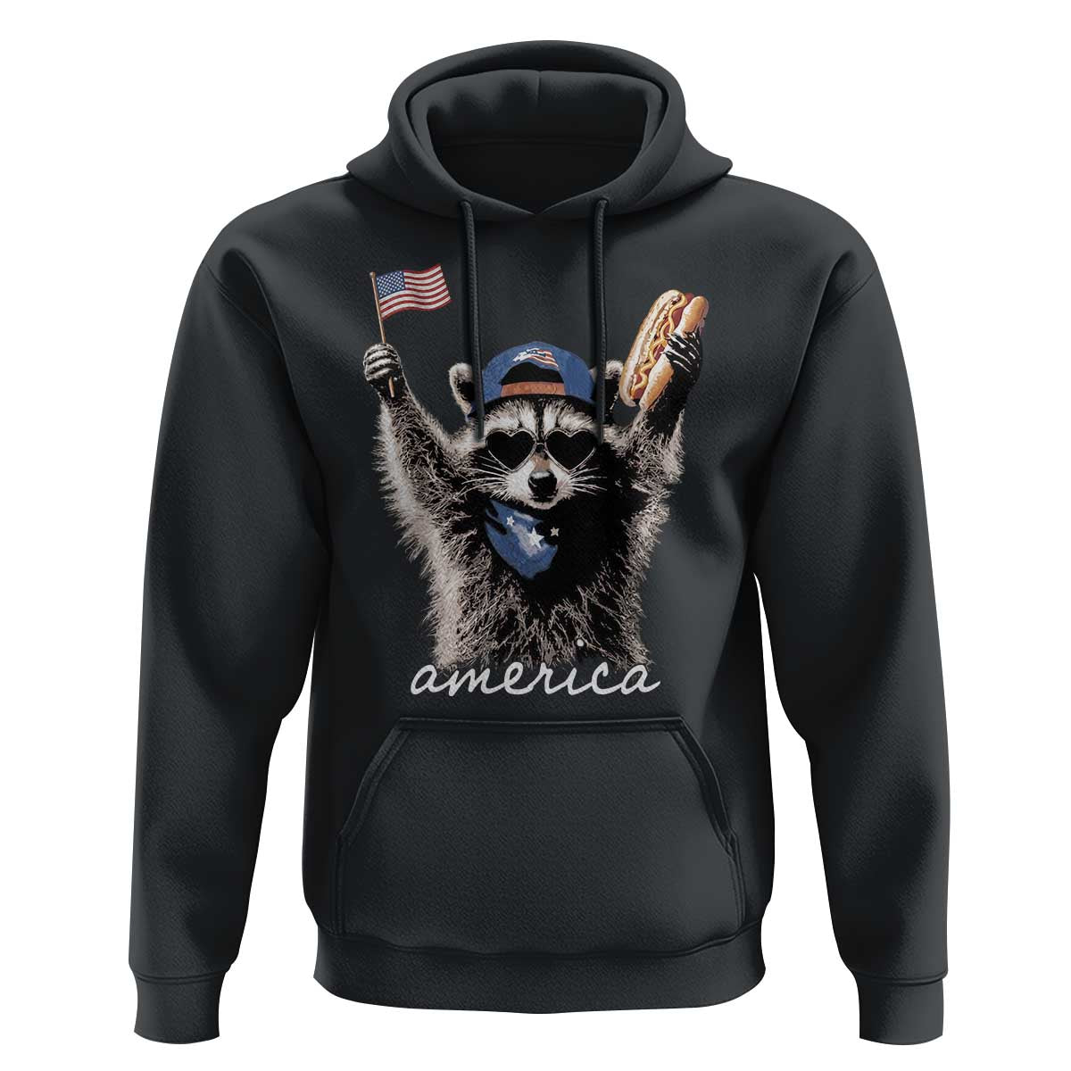 Funny America Raccoon Happy 4th of July Hoodie Holding Hotdog and US Flag Patriotic Graphic