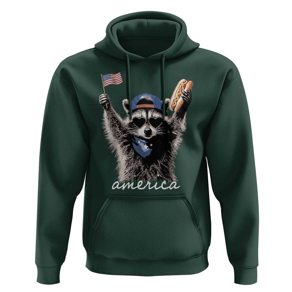 Funny America Raccoon Happy 4th of July Hoodie Holding Hotdog and US Flag Patriotic Graphic