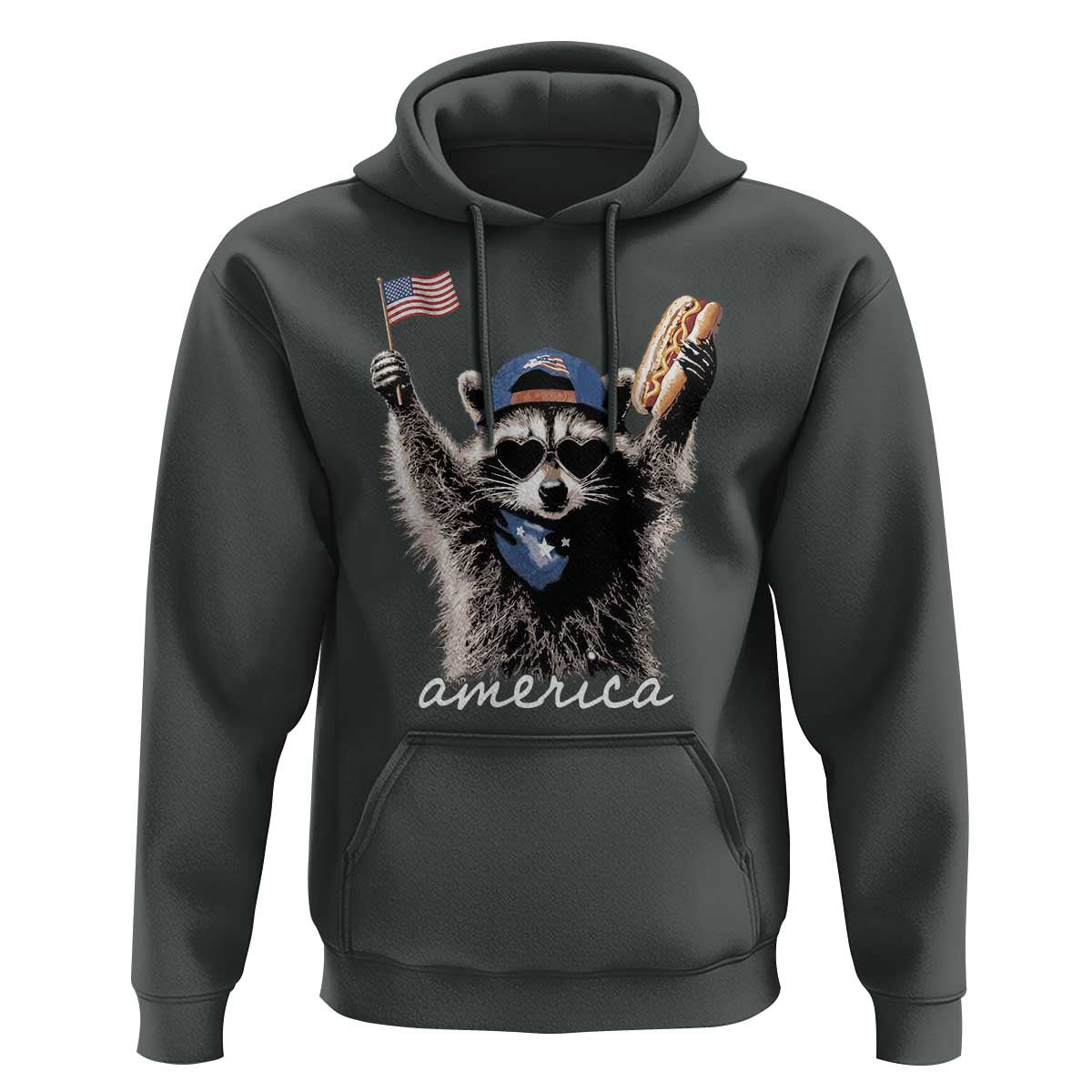 Funny America Raccoon Happy 4th of July Hoodie Holding Hotdog and US Flag Patriotic Graphic