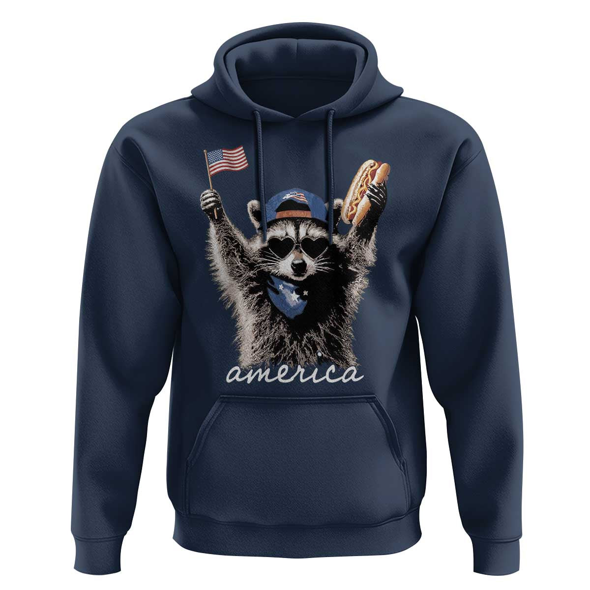 Funny America Raccoon Happy 4th of July Hoodie Holding Hotdog and US Flag Patriotic Graphic