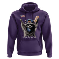 Funny America Raccoon Happy 4th of July Hoodie Holding Hotdog and US Flag Patriotic Graphic