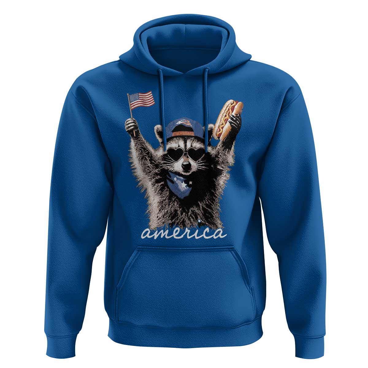 Funny America Raccoon Happy 4th of July Hoodie Holding Hotdog and US Flag Patriotic Graphic