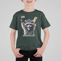 Funny America Raccoon Happy 4th of July T Shirt For Kid Holding Hotdog and US Flag Patriotic Graphic