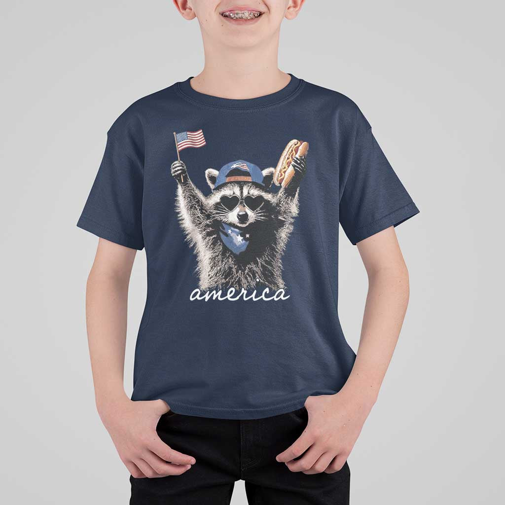 Funny America Raccoon Happy 4th of July T Shirt For Kid Holding Hotdog and US Flag Patriotic Graphic
