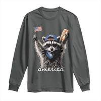 Funny America Raccoon Happy 4th of July Long Sleeve Shirt Holding Hotdog and US Flag Patriotic Graphic