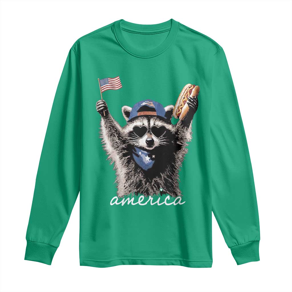Funny America Raccoon Happy 4th of July Long Sleeve Shirt Holding Hotdog and US Flag Patriotic Graphic