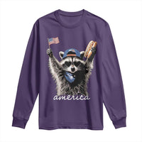 Funny America Raccoon Happy 4th of July Long Sleeve Shirt Holding Hotdog and US Flag Patriotic Graphic