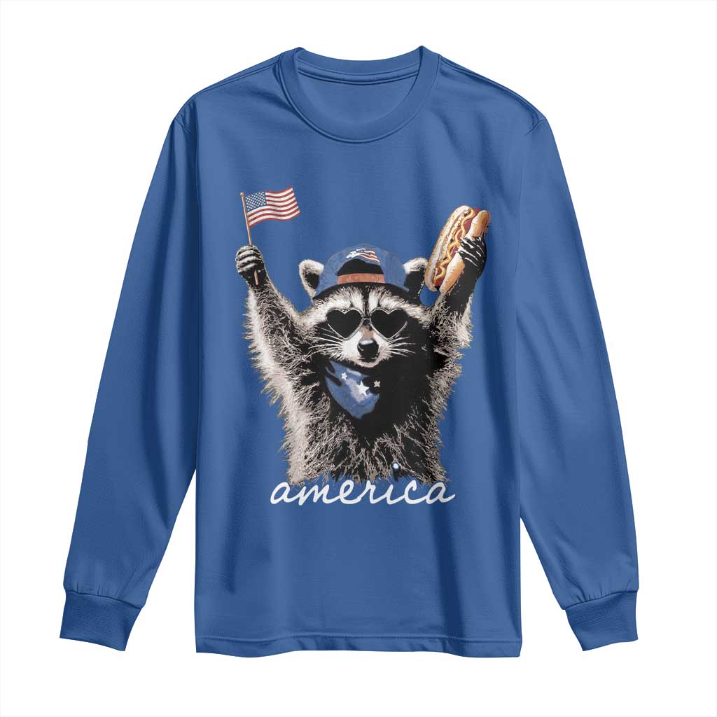 Funny America Raccoon Happy 4th of July Long Sleeve Shirt Holding Hotdog and US Flag Patriotic Graphic