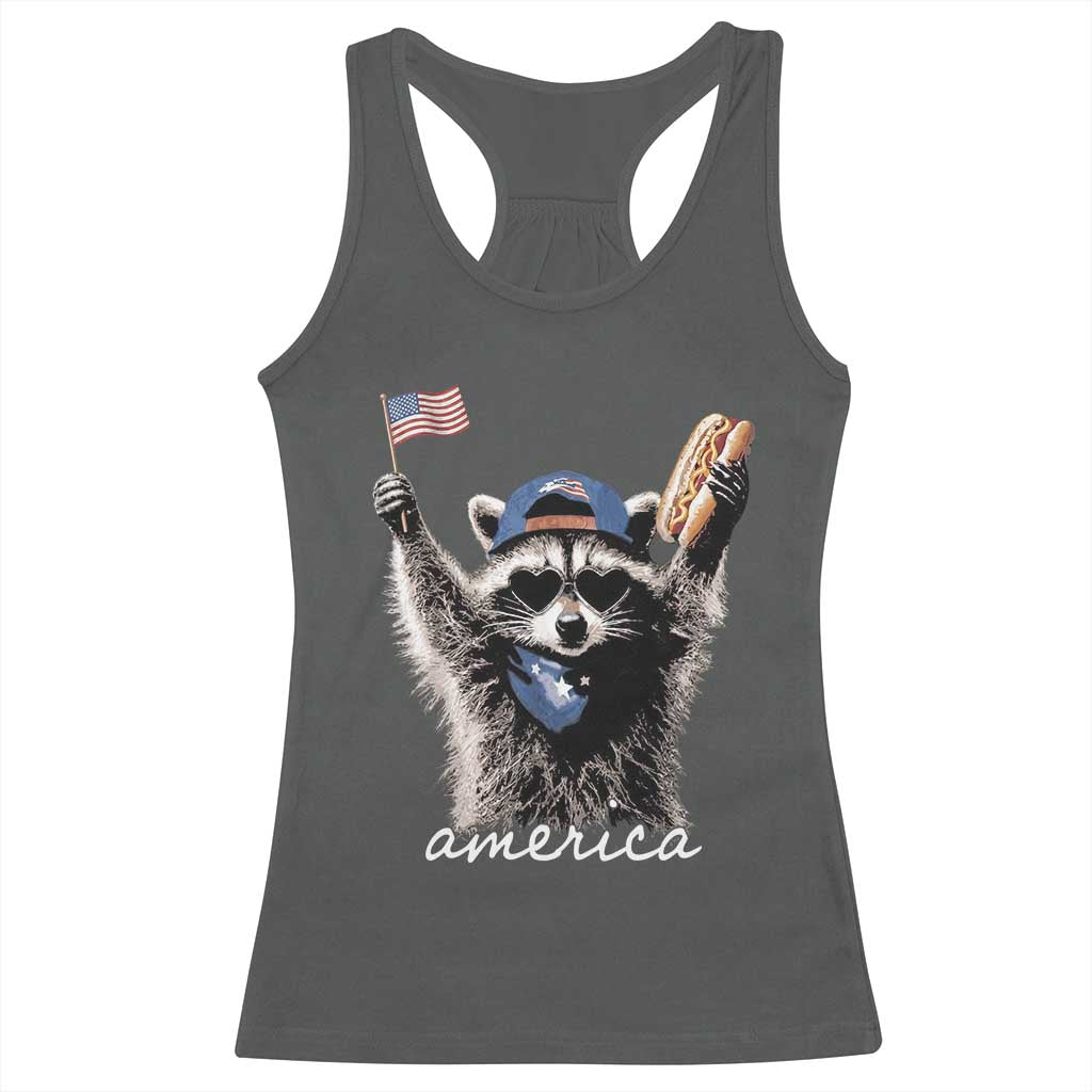 Funny America Raccoon Happy 4th of July Racerback Tank Top Holding Hotdog and US Flag Patriotic Graphic