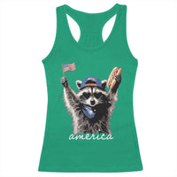 Funny America Raccoon Happy 4th of July Racerback Tank Top Holding Hotdog and US Flag Patriotic Graphic