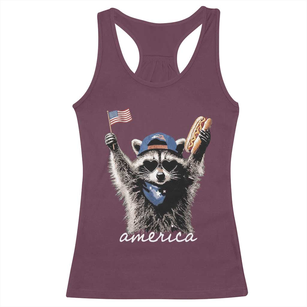 Funny America Raccoon Happy 4th of July Racerback Tank Top Holding Hotdog and US Flag Patriotic Graphic