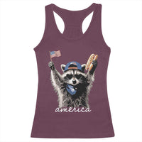 Funny America Raccoon Happy 4th of July Racerback Tank Top Holding Hotdog and US Flag Patriotic Graphic