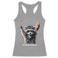 Funny America Raccoon Happy 4th of July Racerback Tank Top Holding Hotdog and US Flag Patriotic Graphic