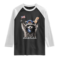 Funny America Raccoon Happy 4th of July Raglan Shirt Holding Hotdog and US Flag Patriotic Graphic