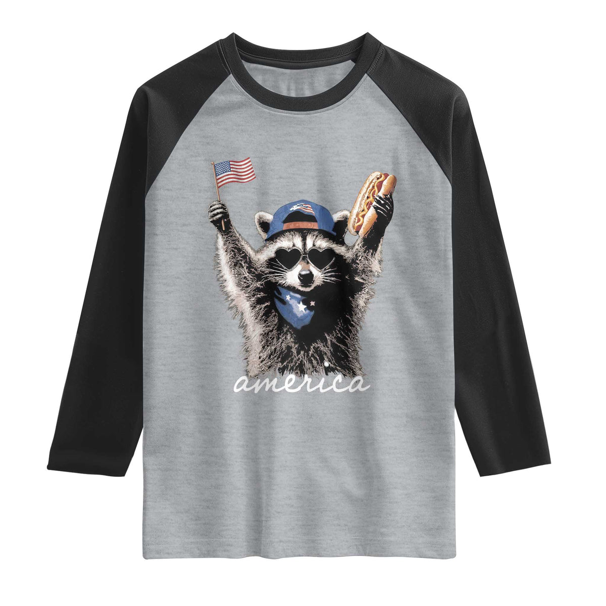 Funny America Raccoon Happy 4th of July Raglan Shirt Holding Hotdog and US Flag Patriotic Graphic