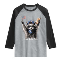 Funny America Raccoon Happy 4th of July Raglan Shirt Holding Hotdog and US Flag Patriotic Graphic