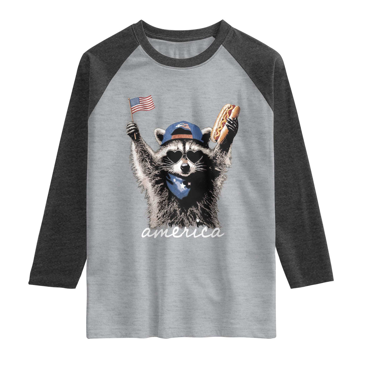 Funny America Raccoon Happy 4th of July Raglan Shirt Holding Hotdog and US Flag Patriotic Graphic