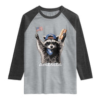 Funny America Raccoon Happy 4th of July Raglan Shirt Holding Hotdog and US Flag Patriotic Graphic