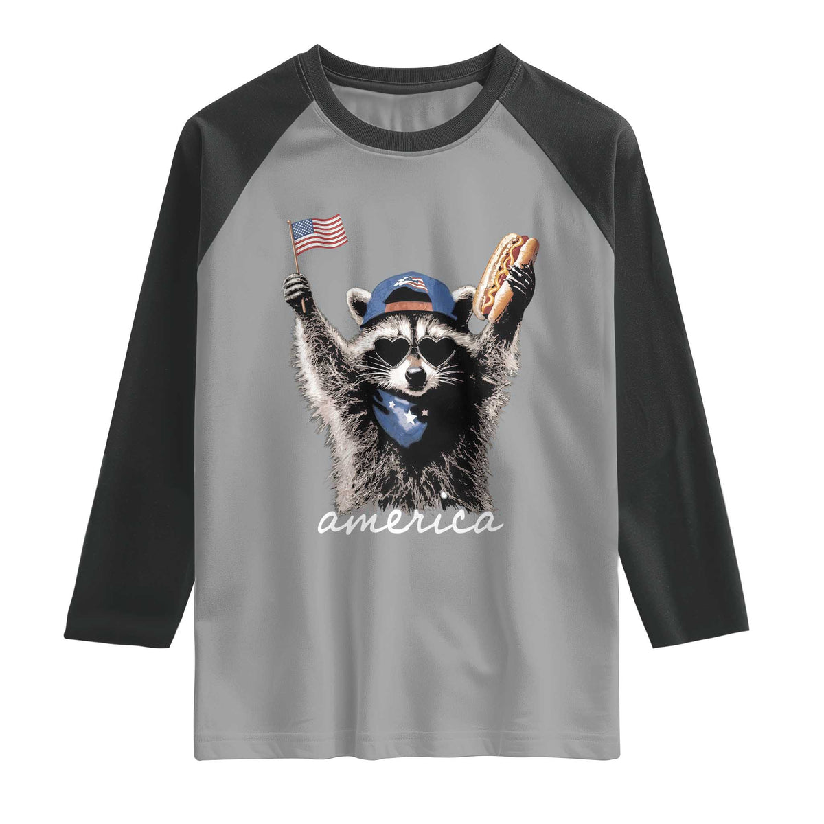 Funny America Raccoon Happy 4th of July Raglan Shirt Holding Hotdog and US Flag Patriotic Graphic