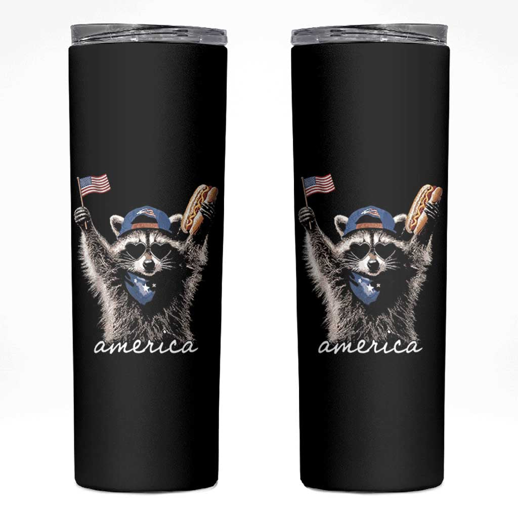 Funny America Raccoon Happy 4th of July Skinny Tumbler Holding Hotdog and US Flag Patriotic Graphic