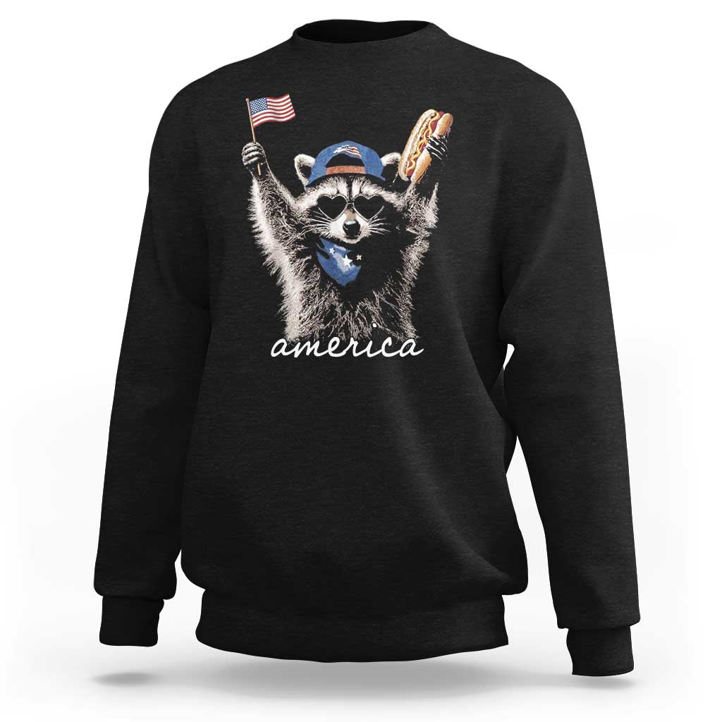 Funny America Raccoon Happy 4th of July Sweatshirt Holding Hotdog and US Flag Patriotic Graphic